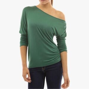 PattyBoutik, green, one shoulder, ruched knit top, size L.
